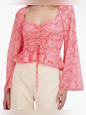 BCBGeneration Peach Heart Print Ruched Tie Peplum Bell Sleeve Top M #2726